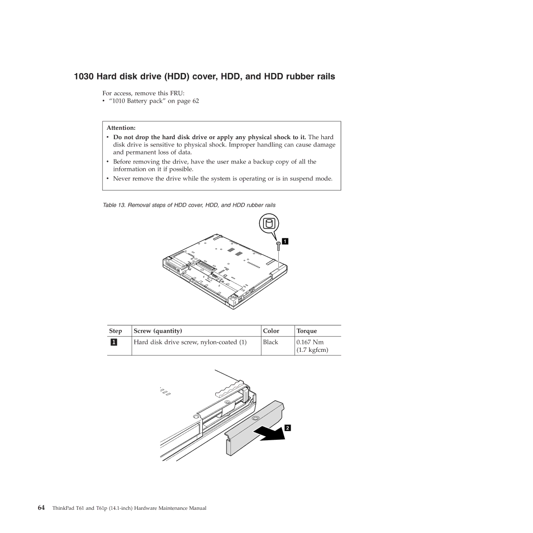 Lenovo T61p manual Hard disk drive HDD cover, HDD, and HDD rubber rails, Step Screw quantity Color Torque 