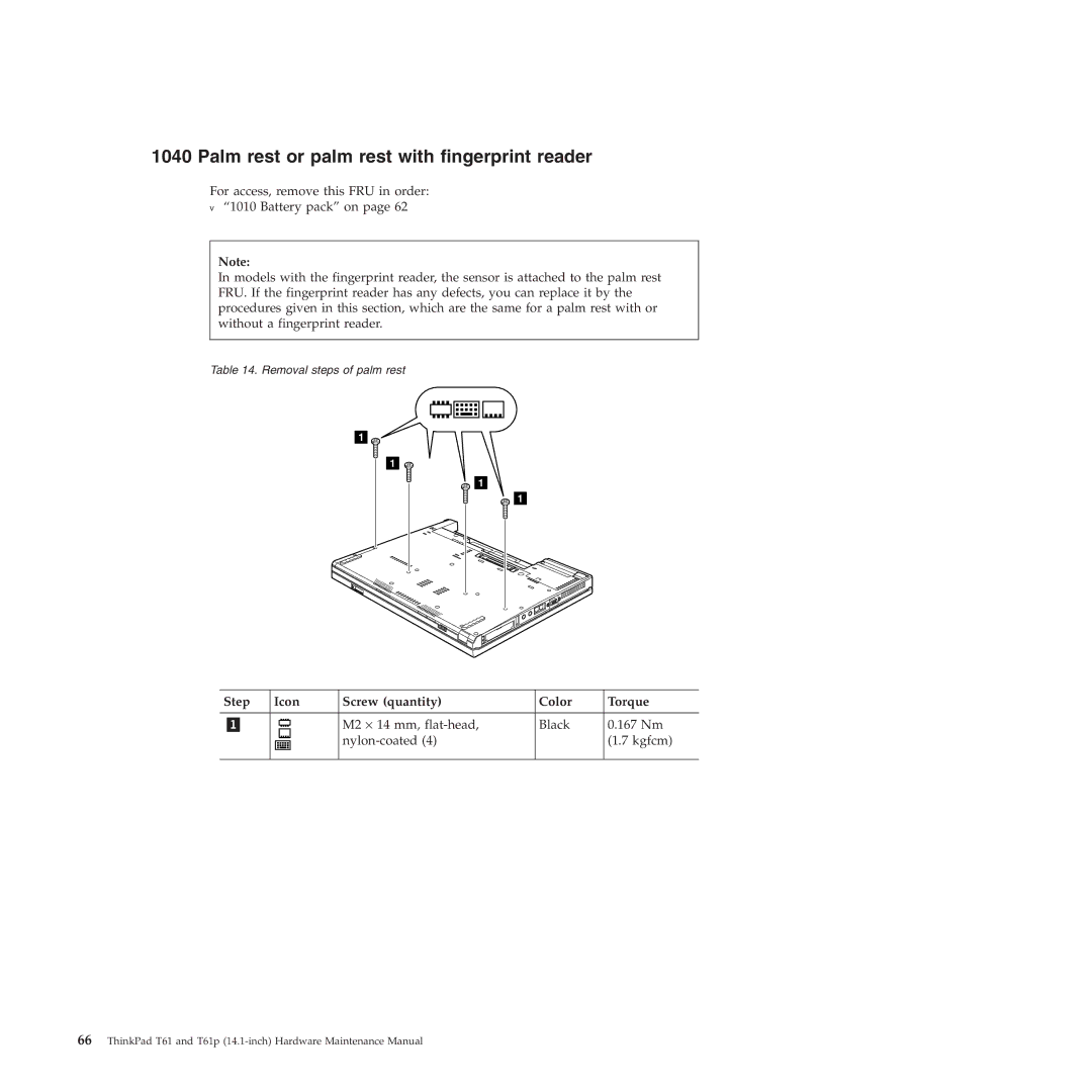Lenovo T61p manual Palm rest or palm rest with fingerprint reader, Step Icon Screw quantity Color Torque 