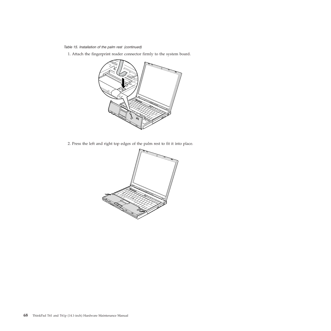 Lenovo T61p manual Installation of the palm rest 