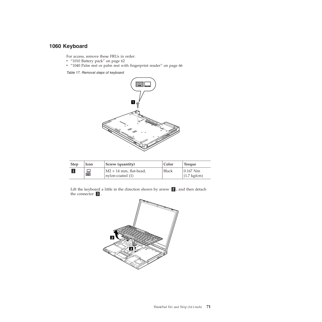 Lenovo T61p manual Keyboard, Step Icon Screw quantity Color Torque 