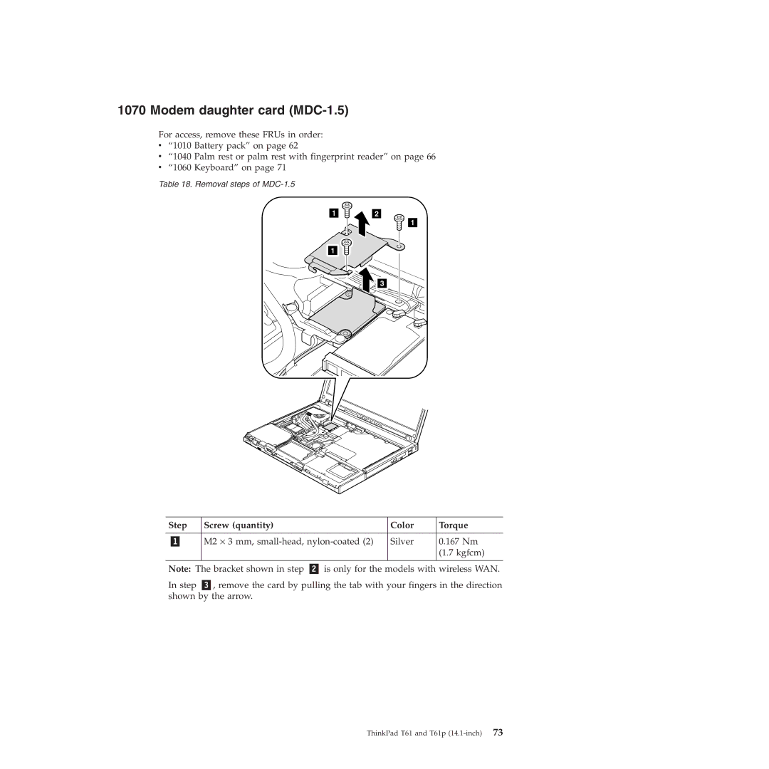 Lenovo T61p manual Modem daughter card MDC-1.5, Step Screw quantity Color Torque 