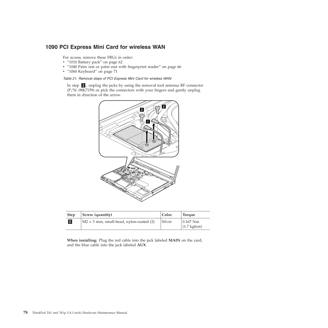 Lenovo T61p manual PCI Express Mini Card for wireless WAN, Step Screw quantity Color Torque 