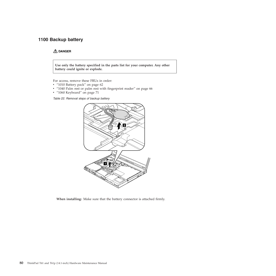 Lenovo T61p manual Backup battery 