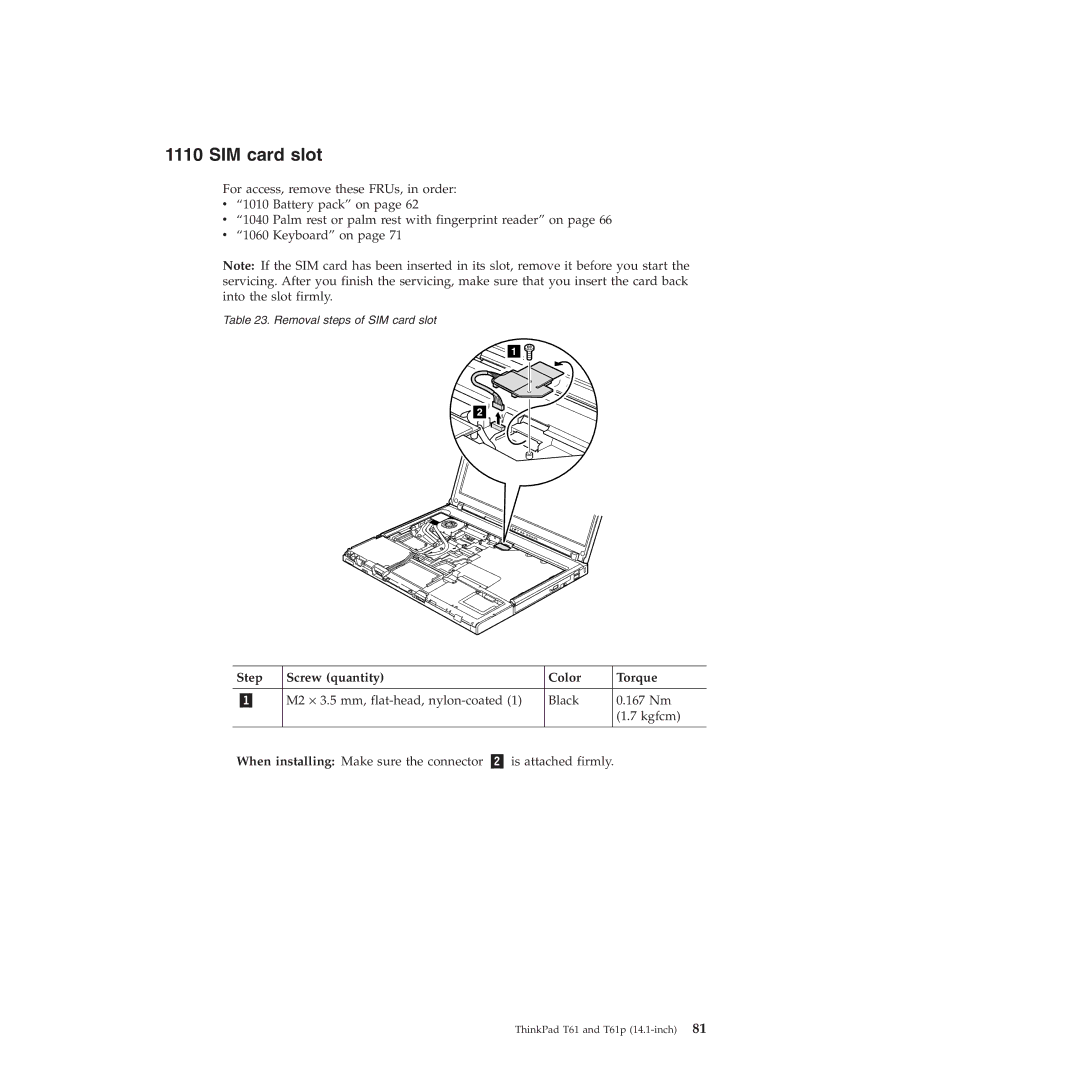 Lenovo T61p manual SIM card slot, Step Screw quantity Color Torque 