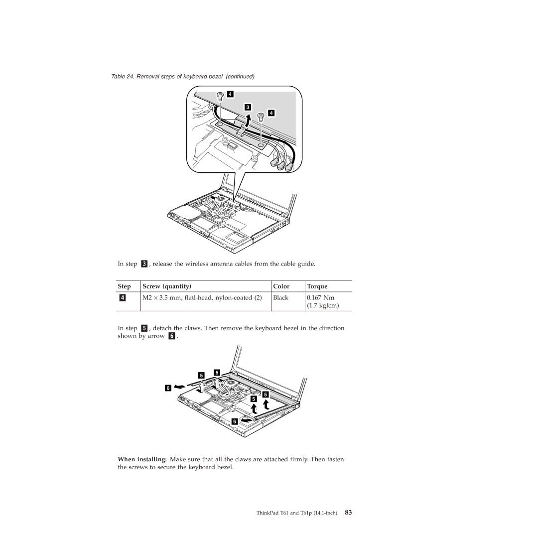 Lenovo T61p manual Step Screw quantity Color Torque 