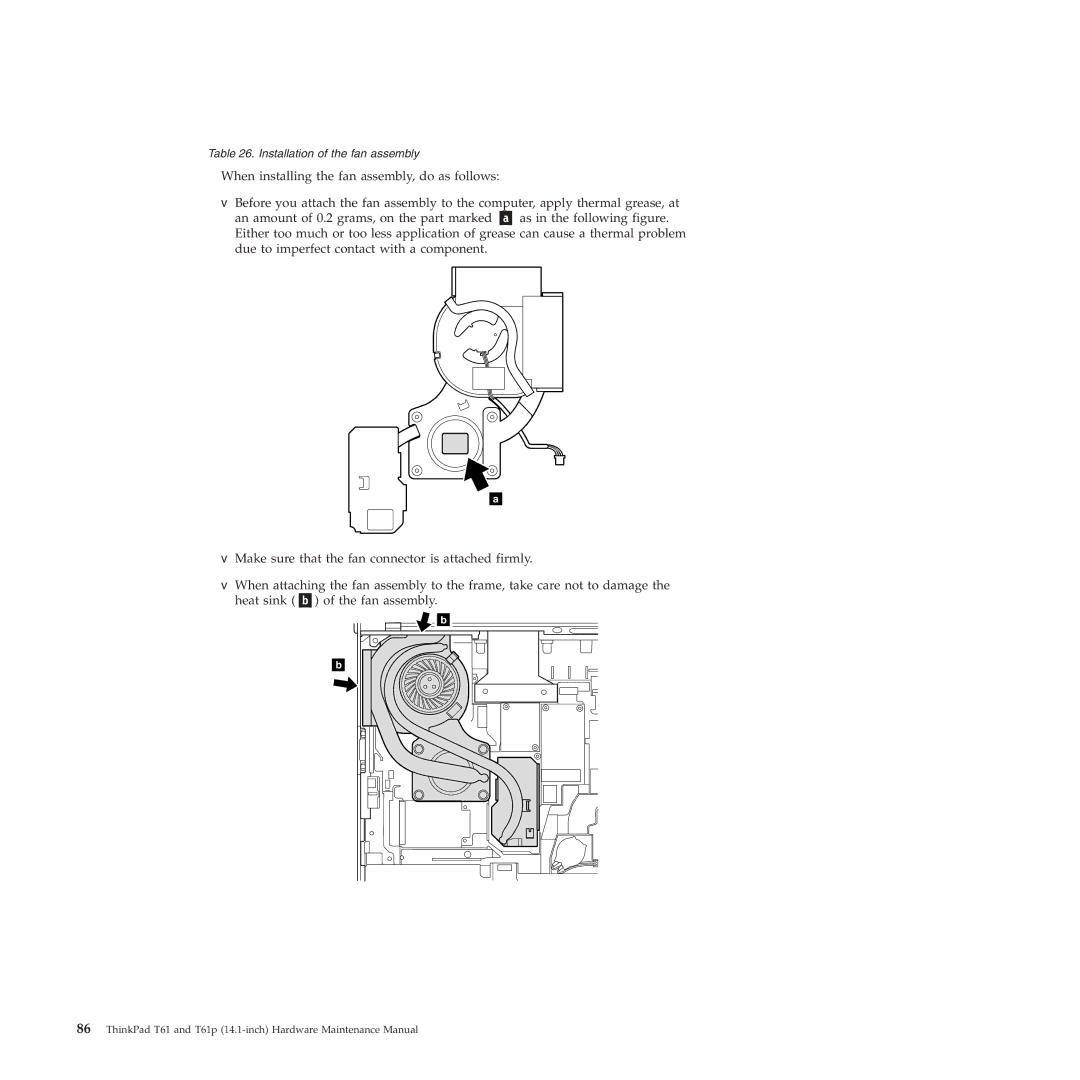 Lenovo T61p manual Installation of the fan assembly 