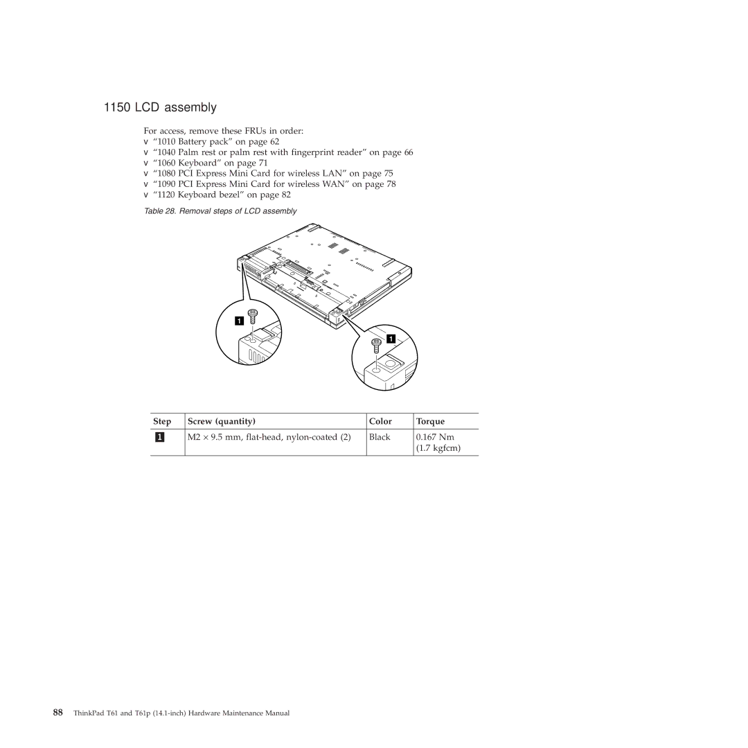 Lenovo T61p manual LCD assembly, Step Screw quantity Color Torque 