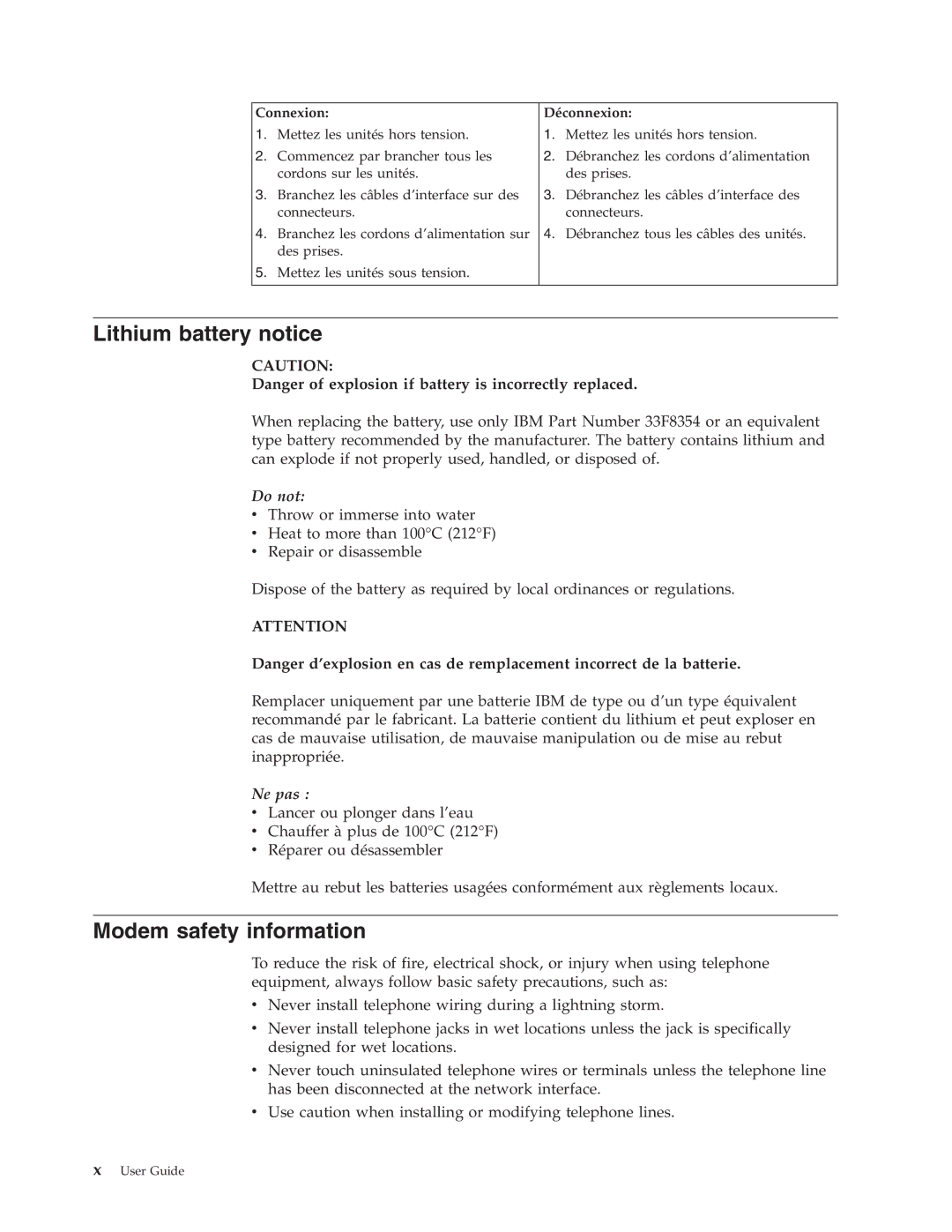 Lenovo TC A51-8425, TC A51-8424, TC A51-8428 manual Lithium battery notice, Modem safety information, Connexion Déconnexion 