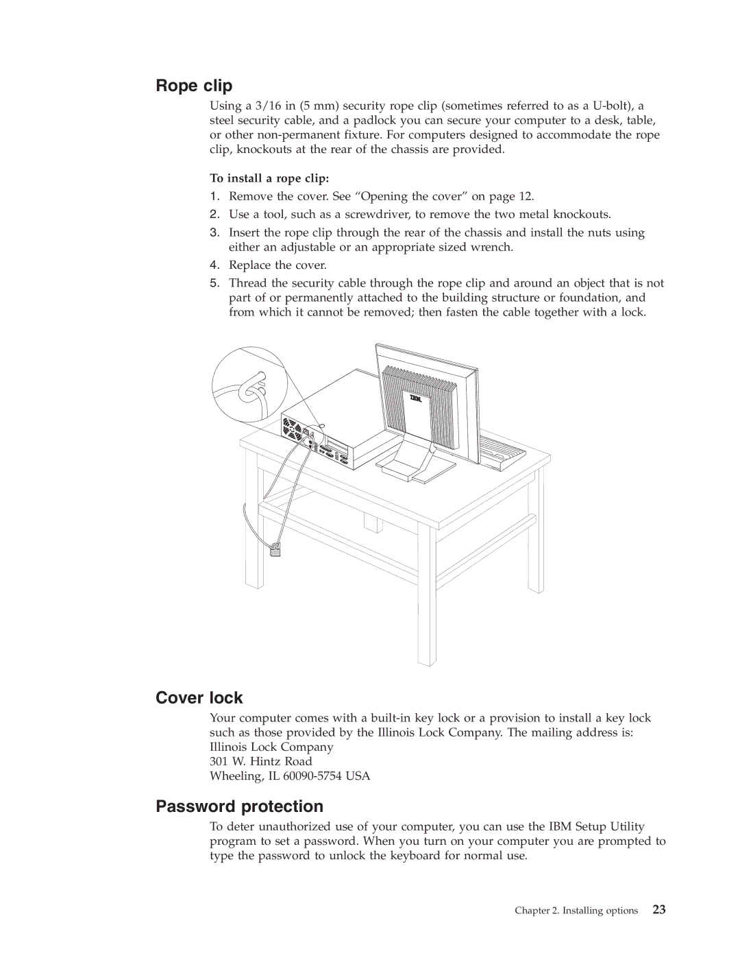 Lenovo TC A51-8424, TC A51-8425, TC A51-8428, TC S51-8171 Rope clip, Cover lock, Password protection, To install a rope clip 