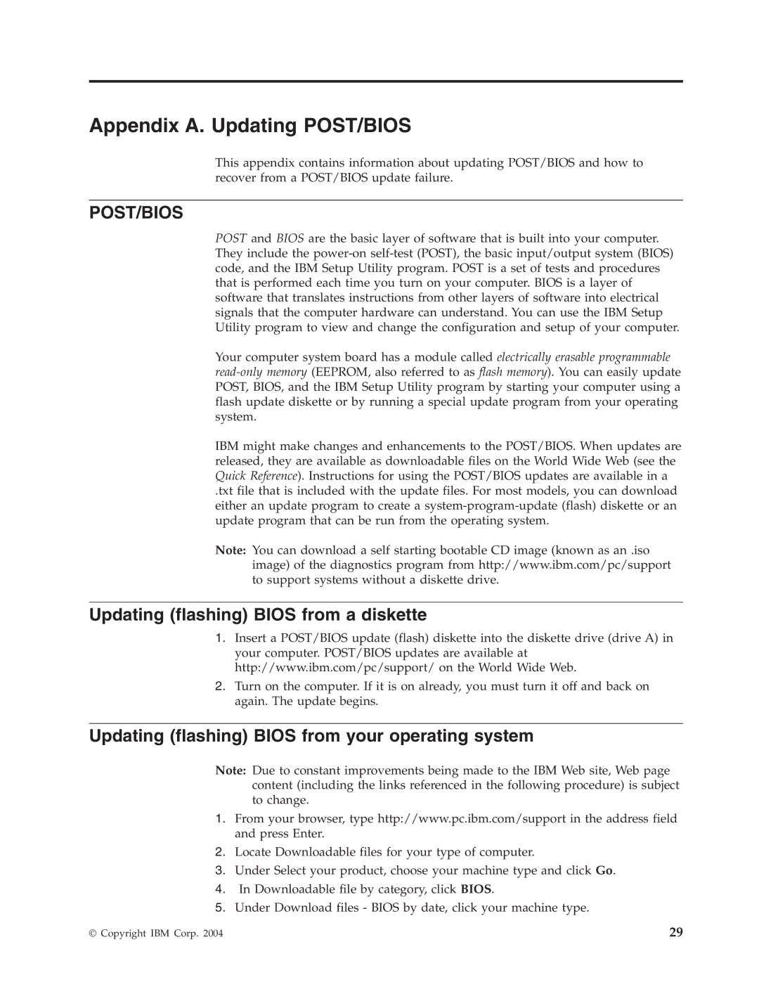 Lenovo TC A51-8424, TC A51-8425, TC A51-8428 manual Appendix A. Updating POST/BIOS, Updating flashing Bios from a diskette 