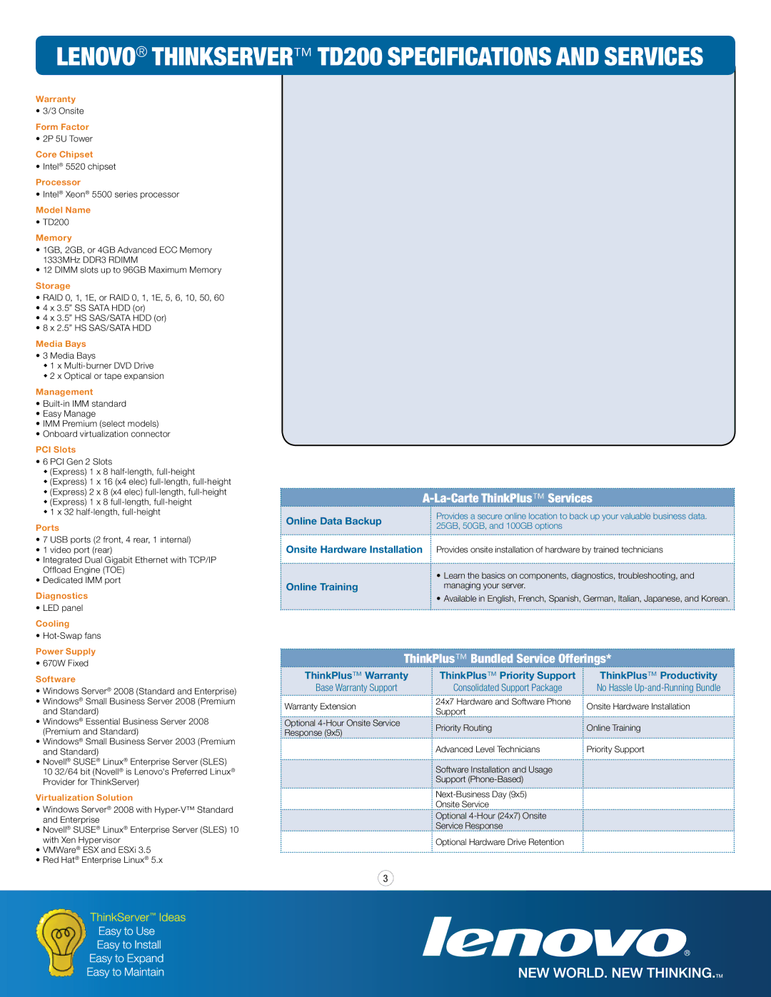 Lenovo manual Lenovo ThinkServer TD200 Specifications and Services, Consolidated Support Package 