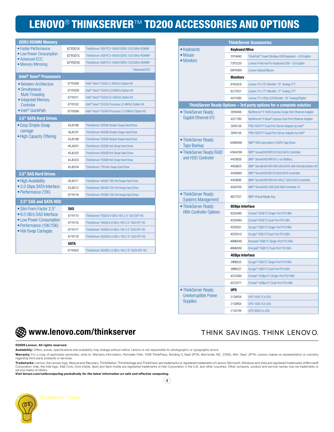 Lenovo TD manual Keyboards, Mouse, Monitors, ThinkServer Ready, Gigabit Ethernet I/O, Tape Backup, HDD Controller, Supplies 