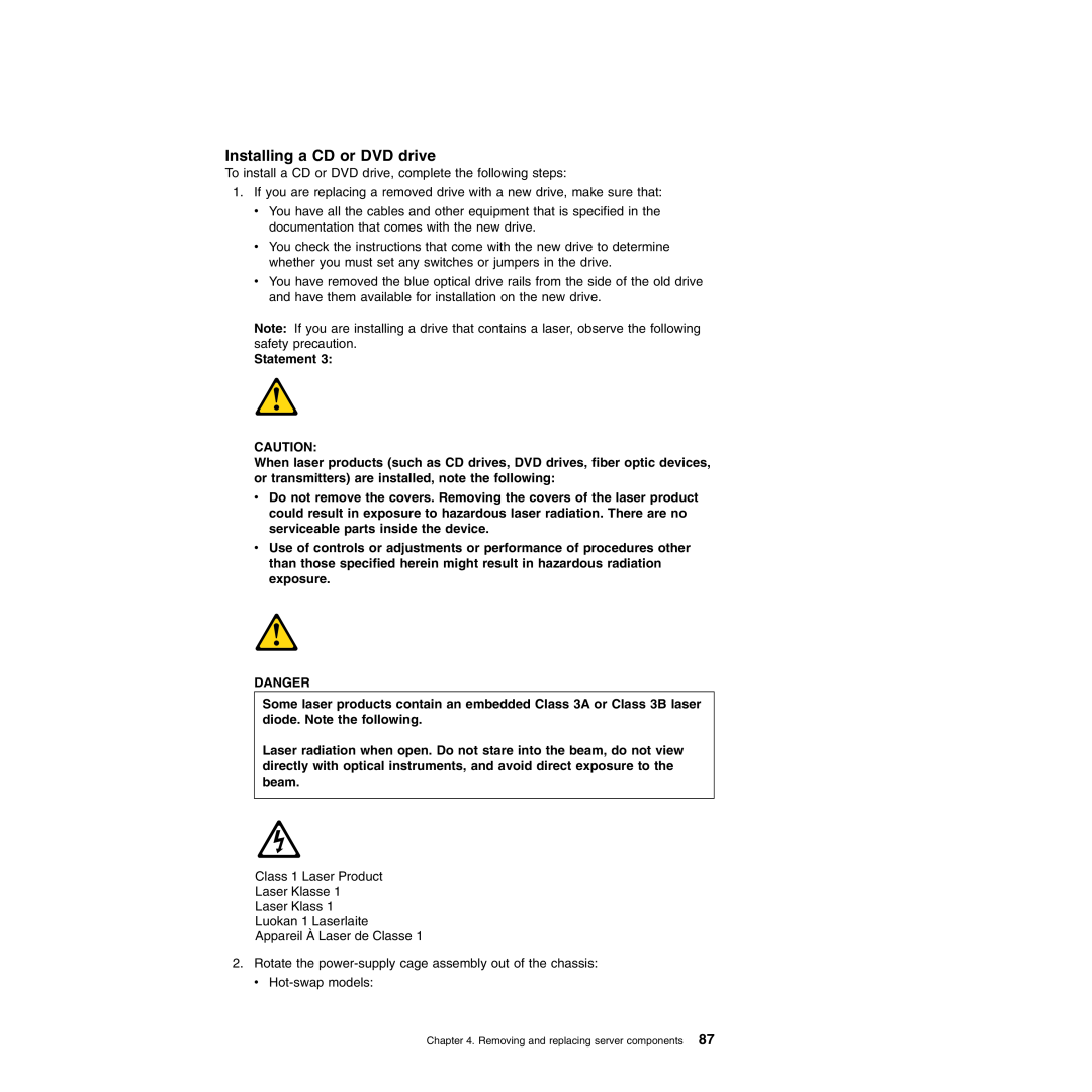 Lenovo TD100X manual Installing a CD or DVD drive, Statement, Danger 