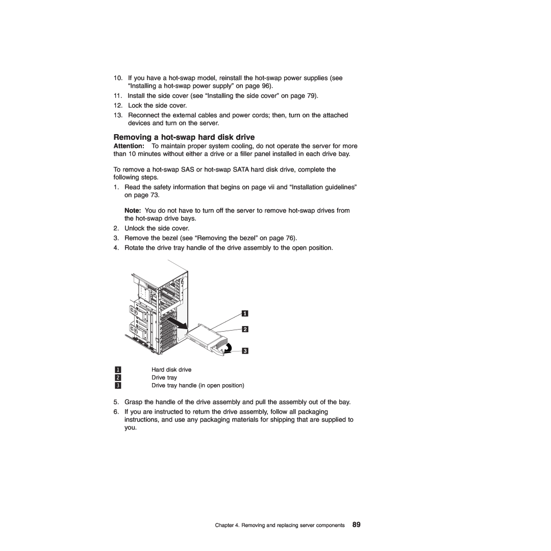 Lenovo TD100X manual Removing a hot-swap hard disk drive, Hard disk drive, Drive tray 