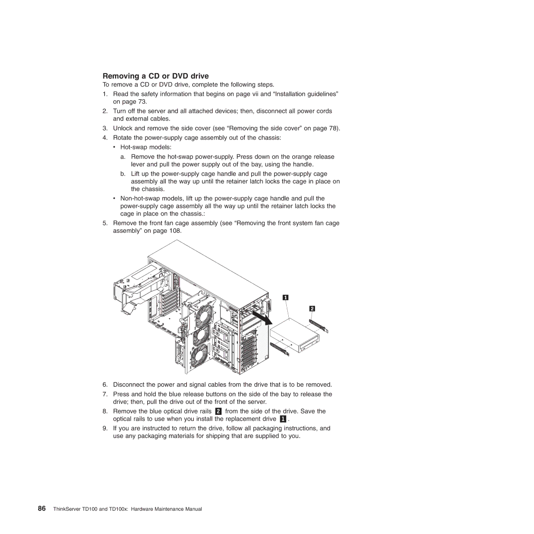 Lenovo TD100X manual Removing a CD or DVD drive 