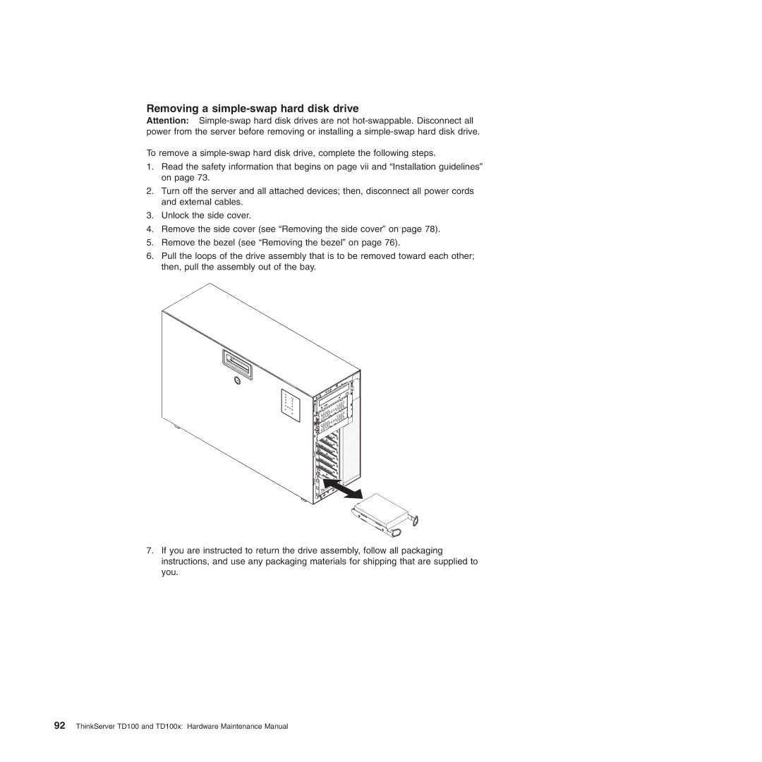 Lenovo TD100X manual Removing a simple-swap hard disk drive 