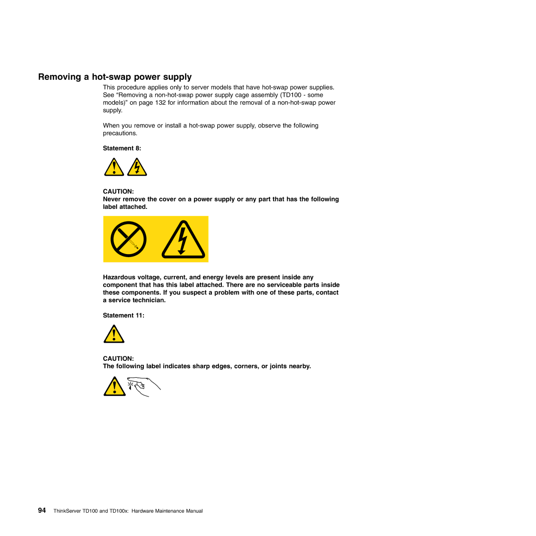 Lenovo TD100X manual Removing a hot-swap power supply 