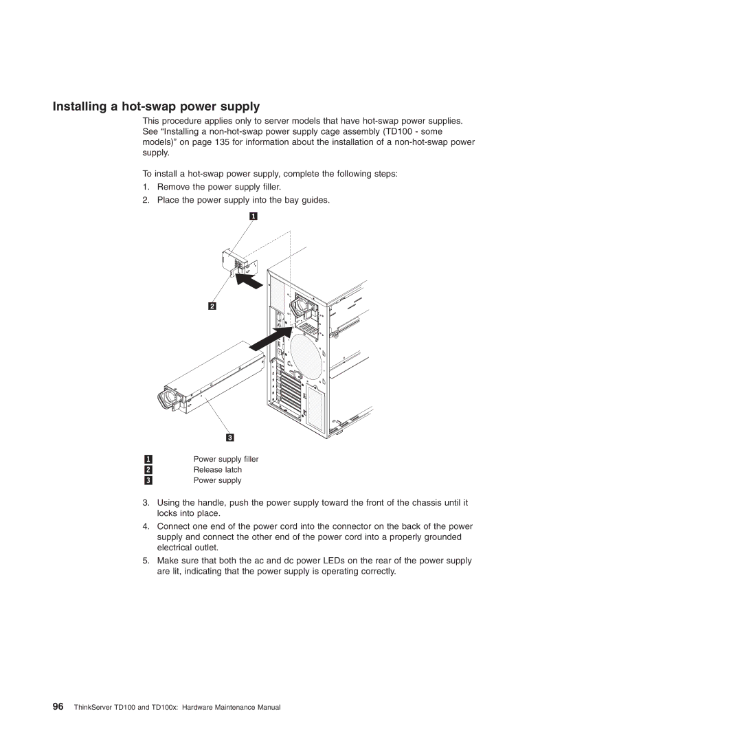 Lenovo TD100X manual Installing a hot-swap power supply 