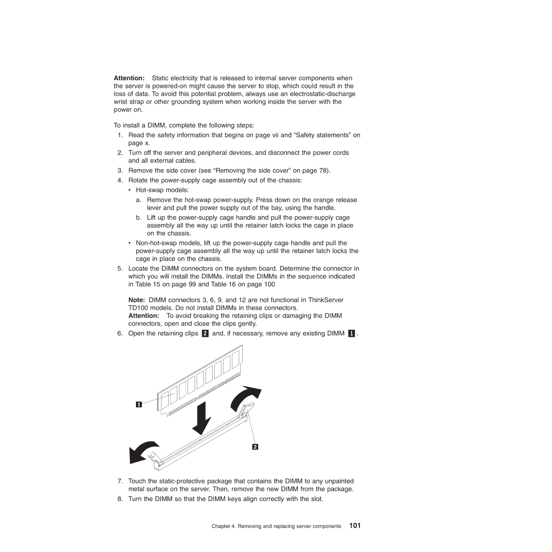 Lenovo TD100X manual Removing and replacing server components 