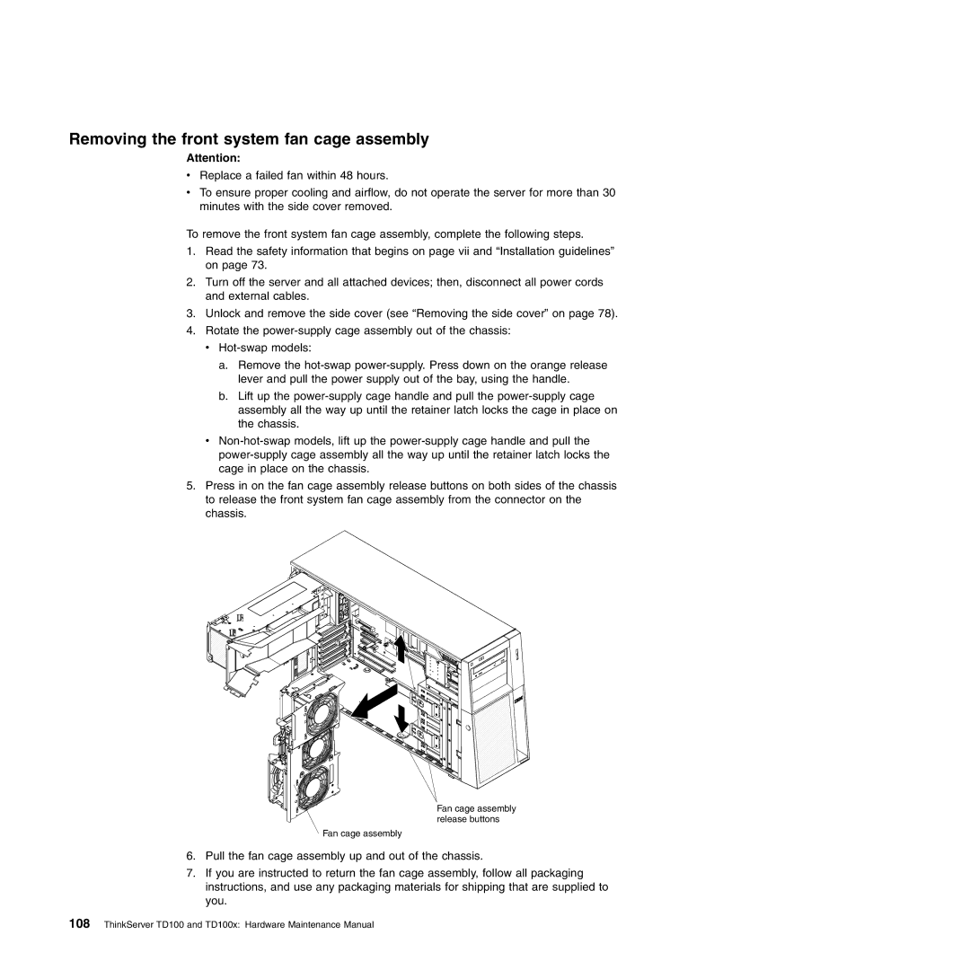 Lenovo TD100X manual Removing the front system fan cage assembly 