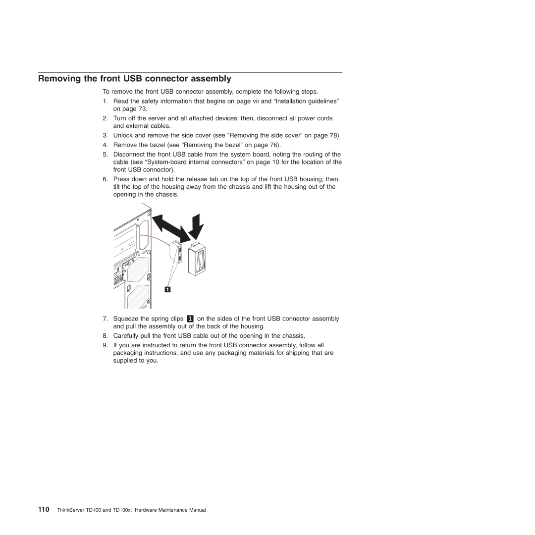 Lenovo TD100X manual Removing the front USB connector assembly 