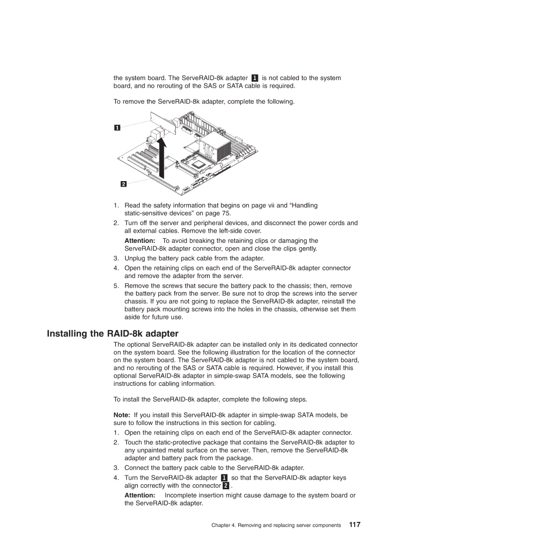 Lenovo TD100X manual Installing the RAID-8k adapter 