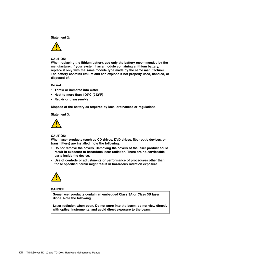 Lenovo TD100X manual Xii ThinkServer TD100 and TD100x Hardware Maintenance Manual 