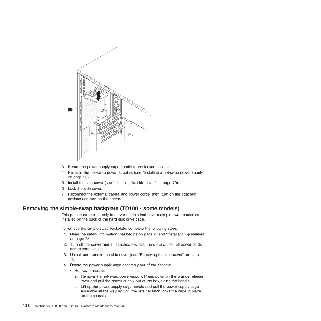 Lenovo TD100X manual Removing the simple-swap backplate TD100 some models 