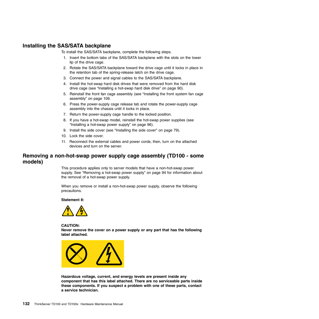 Lenovo TD100X manual Installing the SAS/SATA backplane 