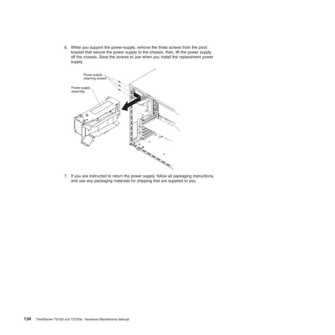 Lenovo TD100X manual Power supply retaining screws Power supply assembly 