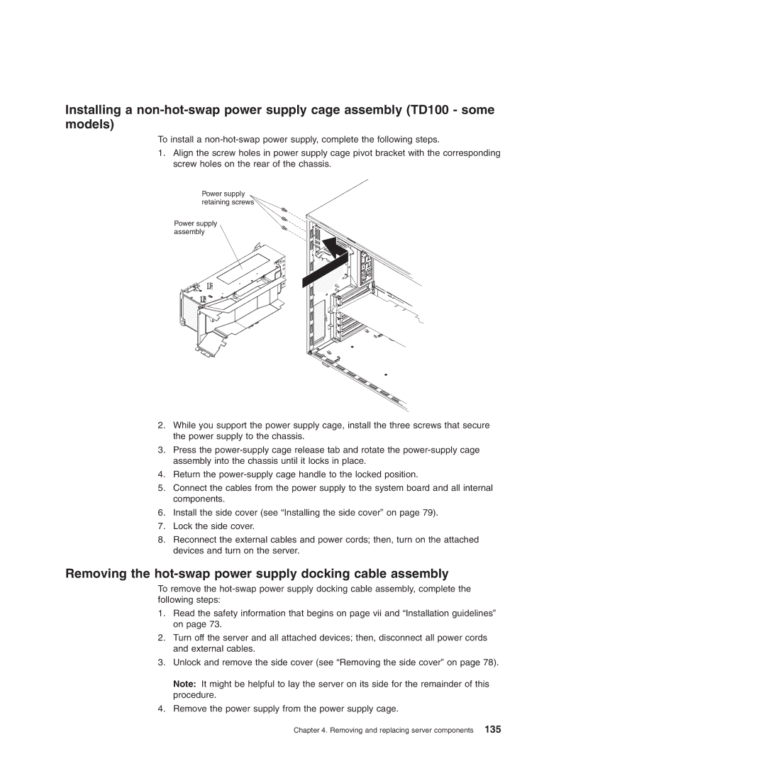 Lenovo TD100X manual Removing the hot-swap power supply docking cable assembly 