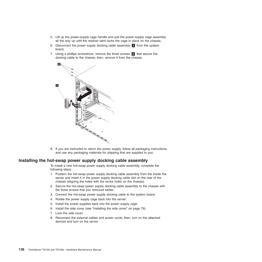 Lenovo TD100X manual Installing the hot-swap power supply docking cable assembly 