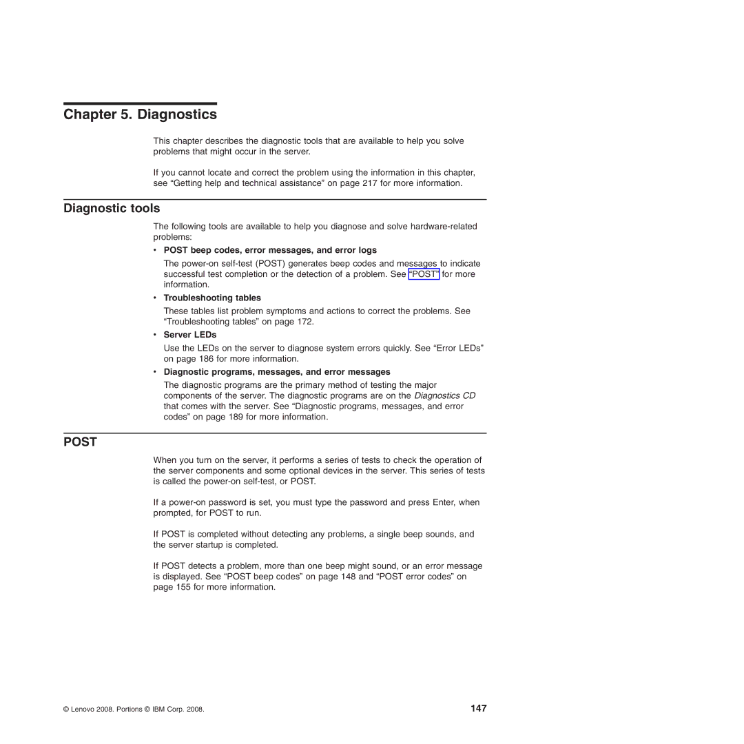 Lenovo TD100 manual Diagnostic tools, Post beep codes, error messages, and error logs, Troubleshooting tables, Server LEDs 