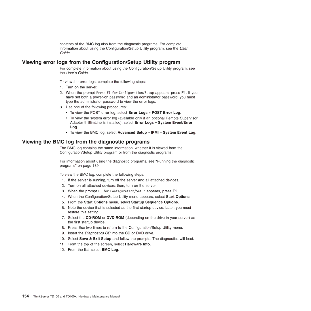 Lenovo TD100X manual Viewing the BMC log from the diagnostic programs 