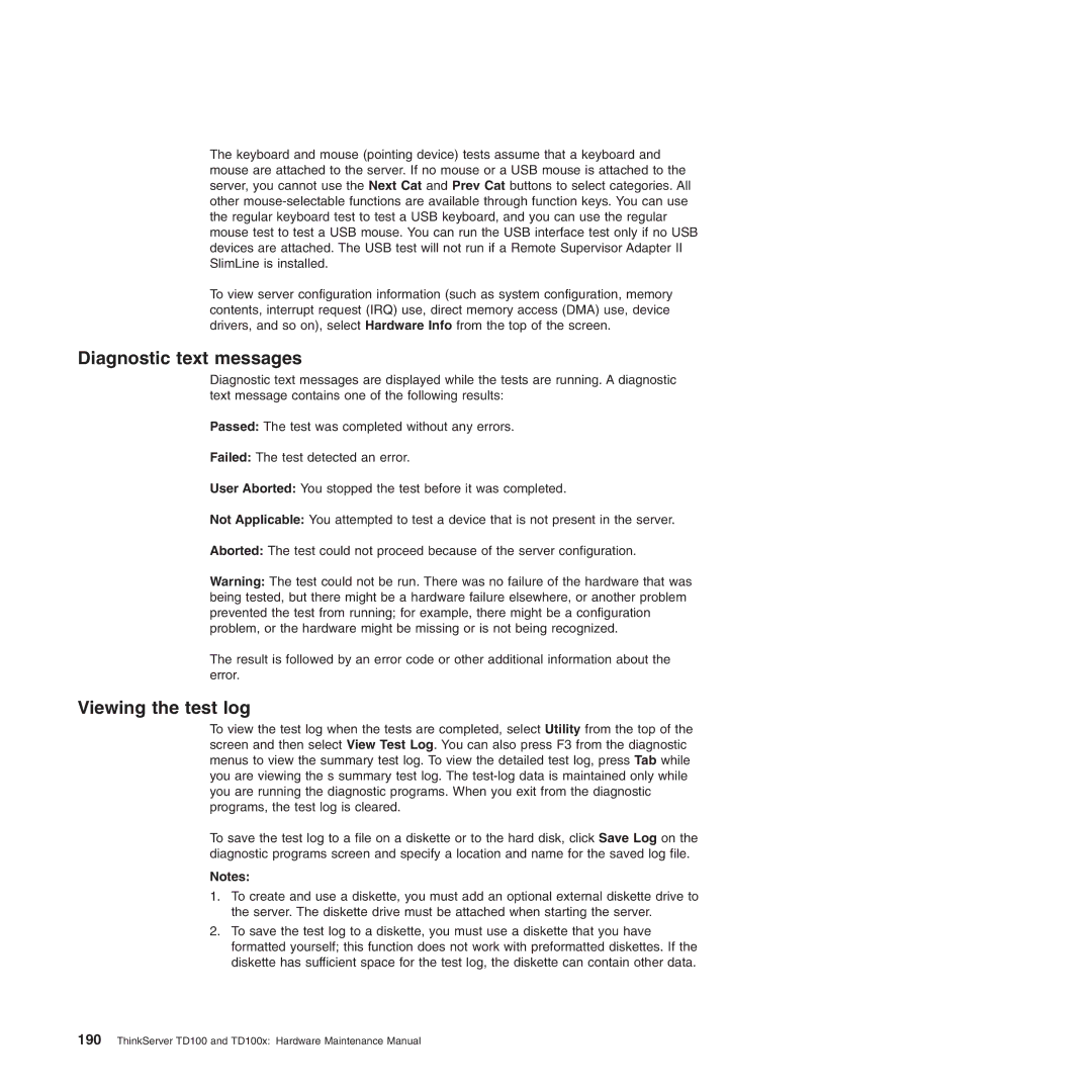 Lenovo TD100X manual Diagnostic text messages, Viewing the test log 