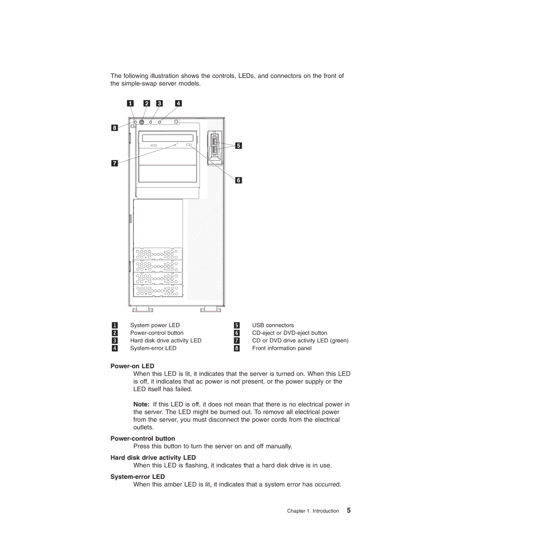 Lenovo TD100X manual Power-on LED, Power-control button, Hard disk drive activity LED, System-error LED 