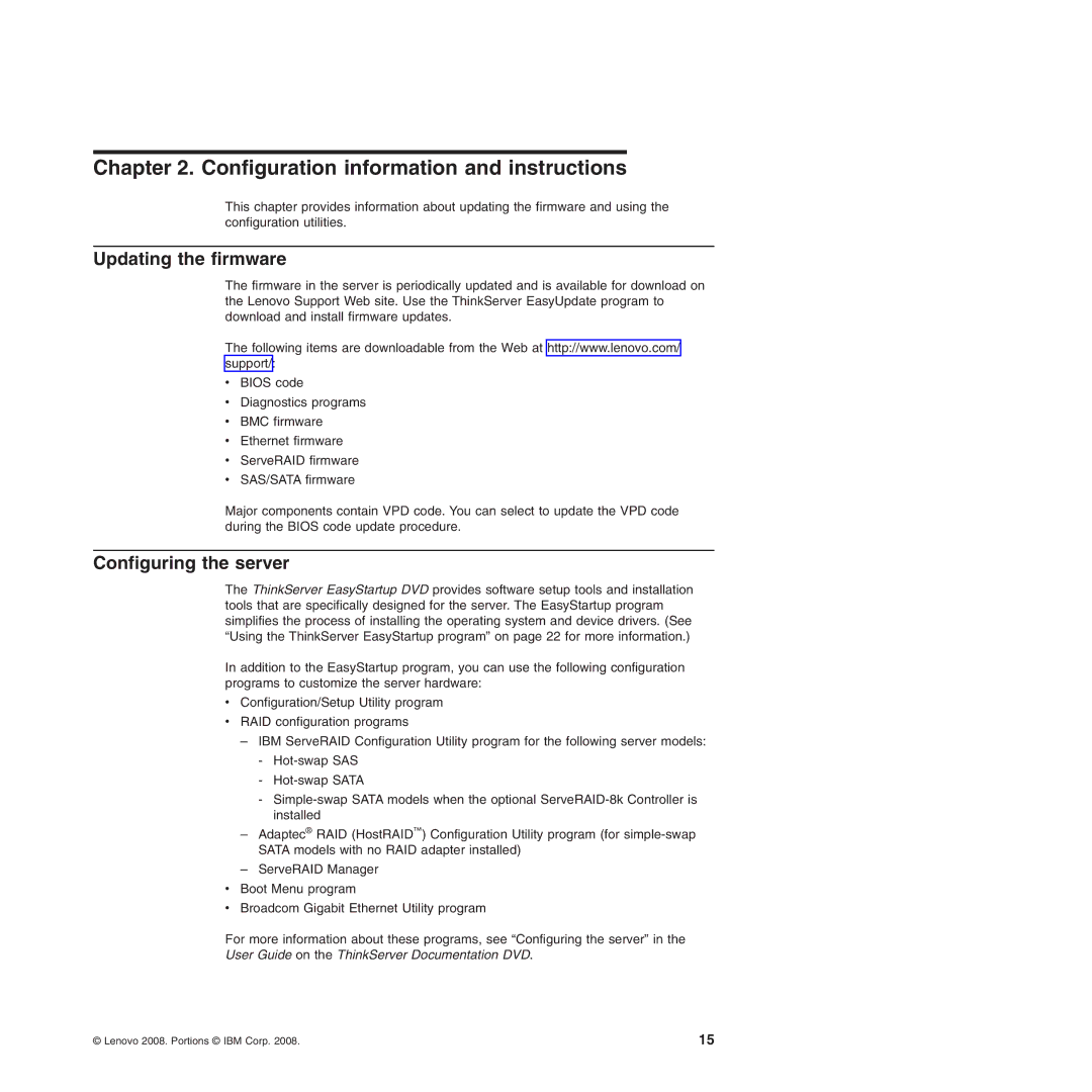 Lenovo TD100X manual Updating the firmware, Configuring the server 