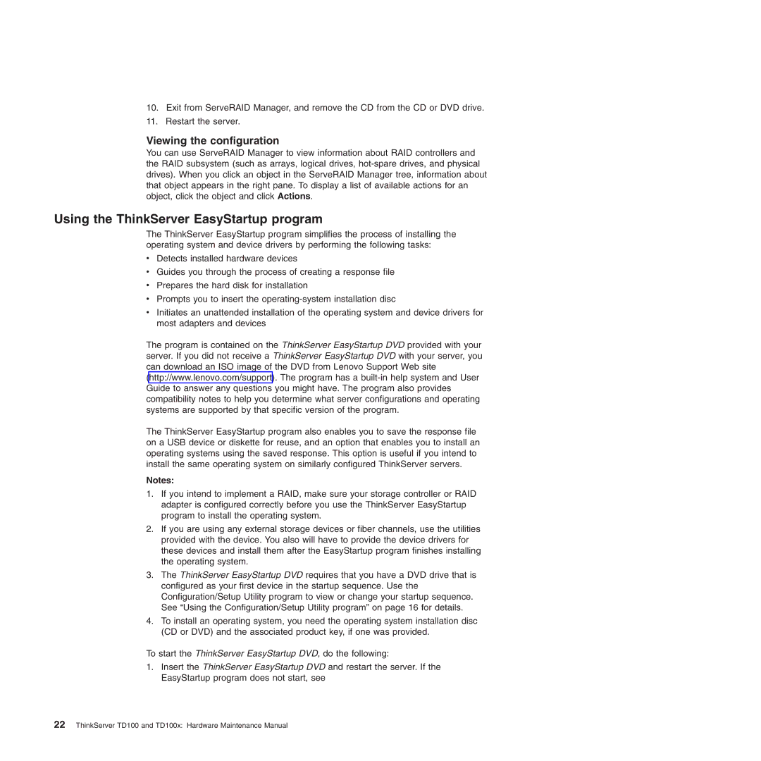 Lenovo TD100X manual Using the ThinkServer EasyStartup program, Viewing the configuration 