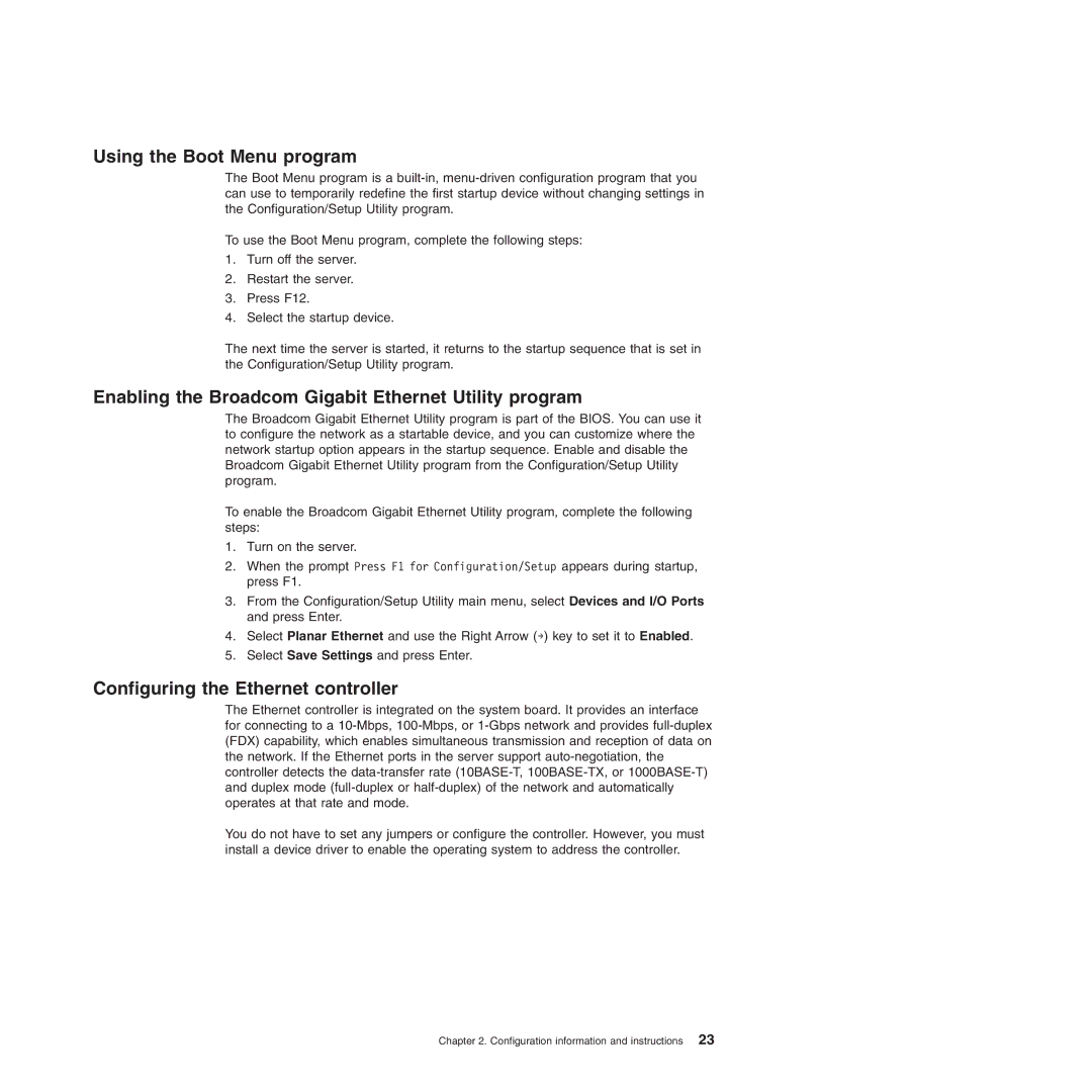 Lenovo TD100X manual Using the Boot Menu program, Enabling the Broadcom Gigabit Ethernet Utility program 