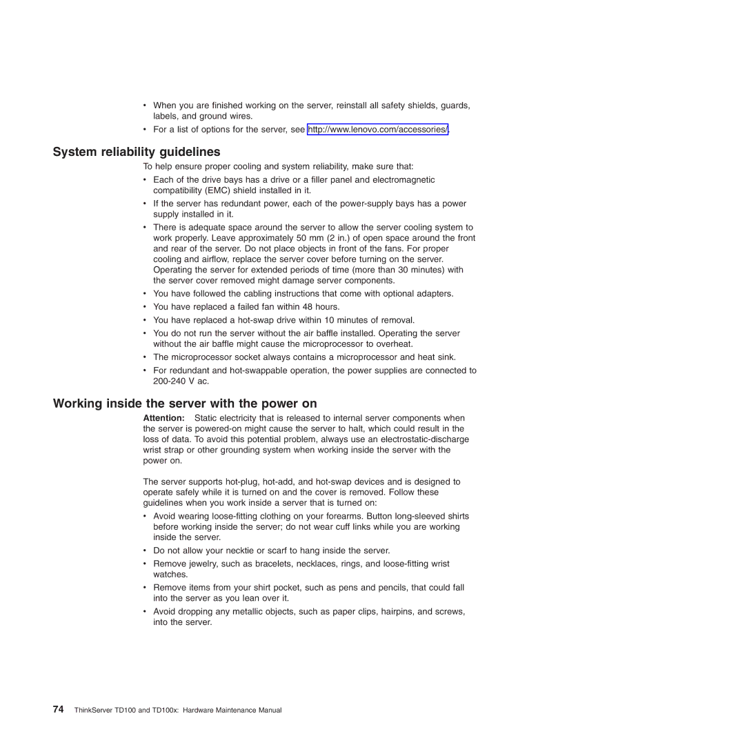 Lenovo TD100X manual System reliability guidelines, Working inside the server with the power on 