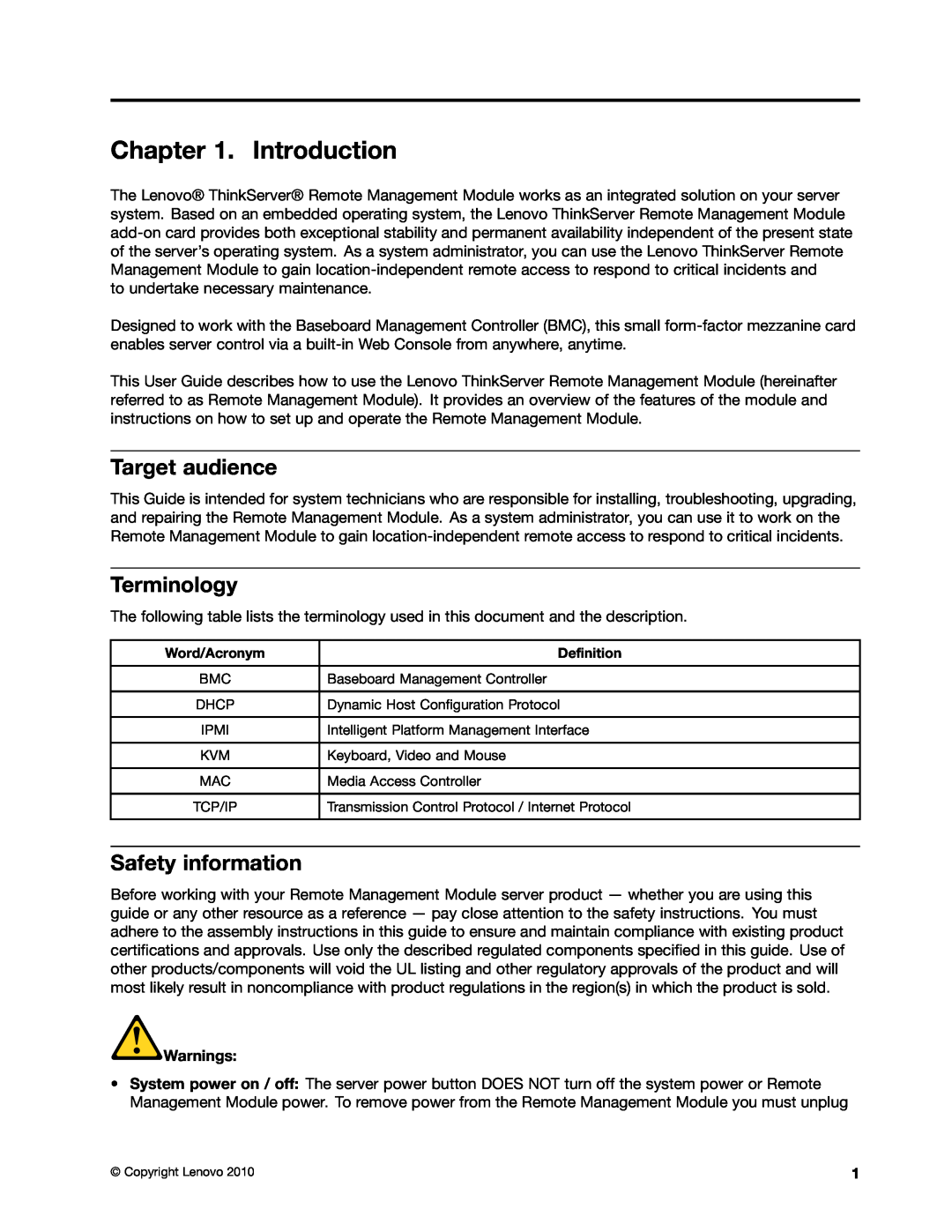 Lenovo TD230 manual Introduction, Target audience, Terminology, Safety information, Warnings 