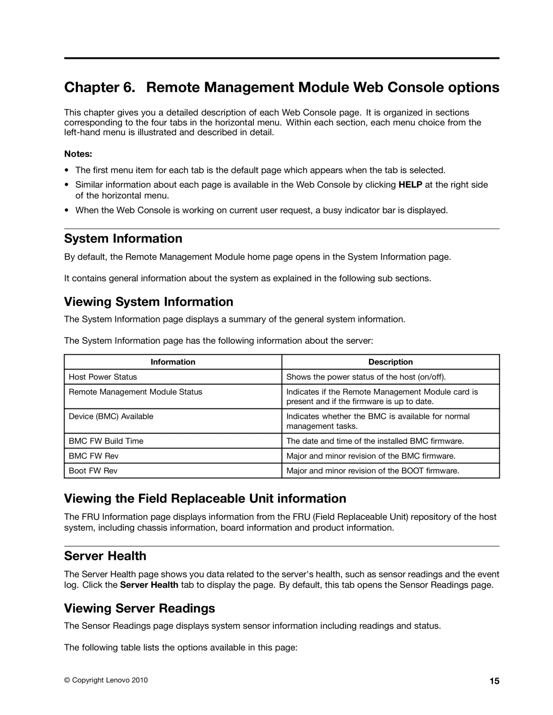 Lenovo TD230 manual Remote Management Module Web Console options 