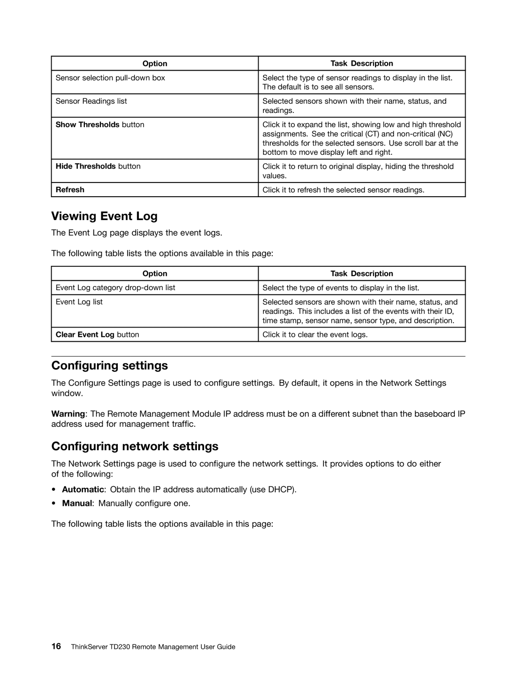 Lenovo TD230 manual Viewing Event Log, Configuring settings, Configuring network settings 