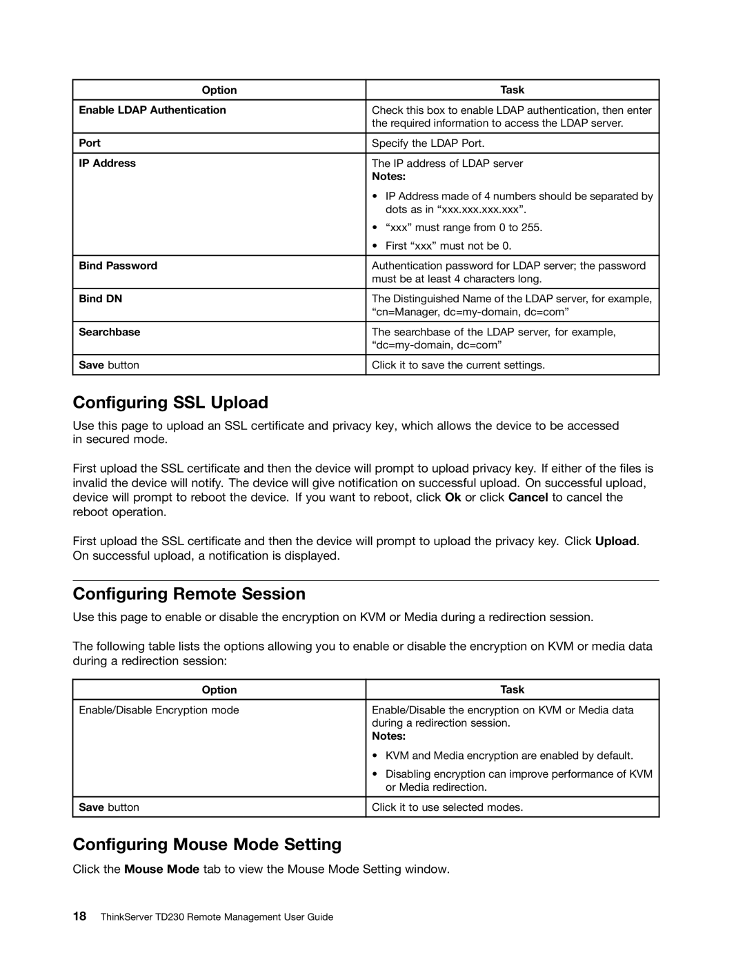 Lenovo TD230 manual Configuring SSL Upload, Configuring Remote Session, Configuring Mouse Mode Setting 