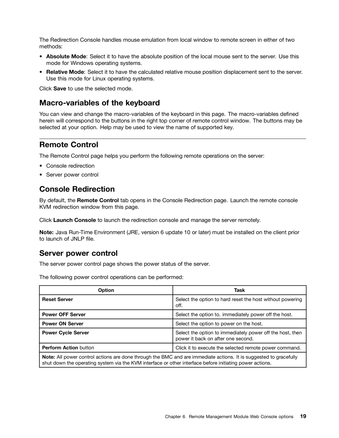 Lenovo TD230 manual Macro-variables of the keyboard, Remote Control, Console Redirection, Server power control 