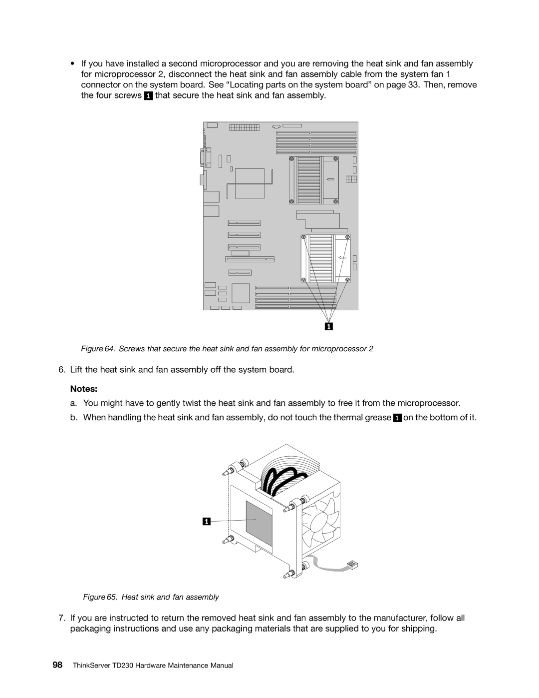 Lenovo TD230 manual Heat sink and fan assembly 