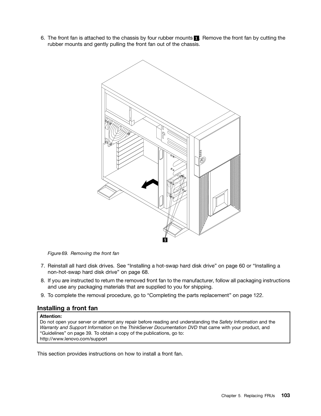 Lenovo TD230 manual Installing a front fan, Removing the front fan 