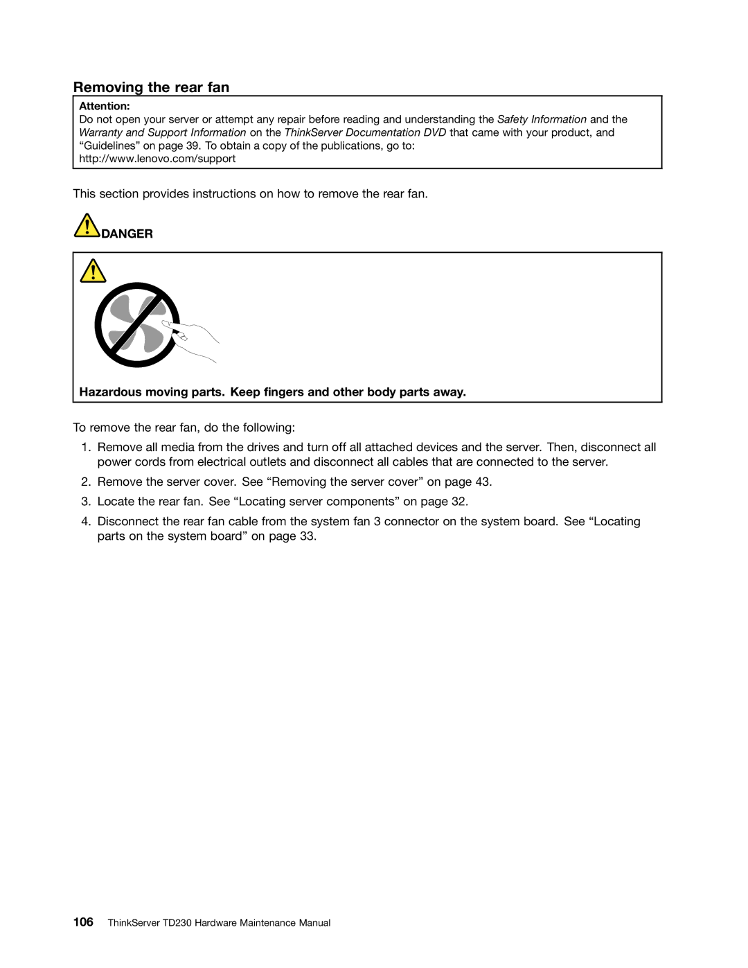 Lenovo TD230 manual Removing the rear fan 