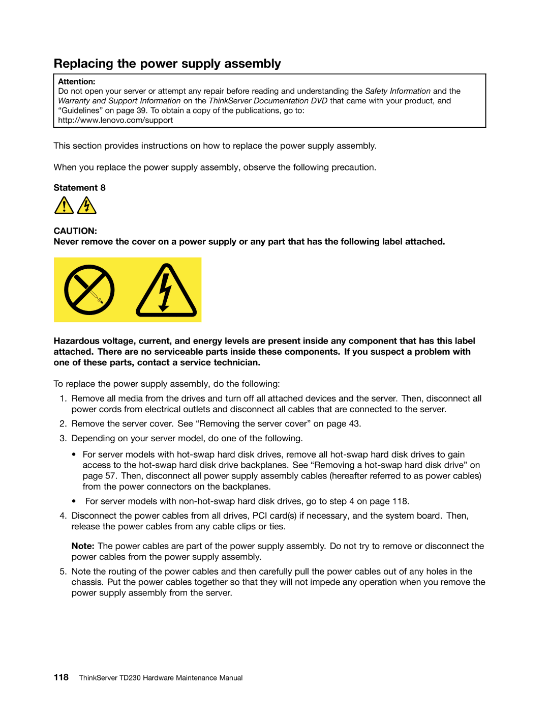 Lenovo TD230 manual Replacing the power supply assembly 