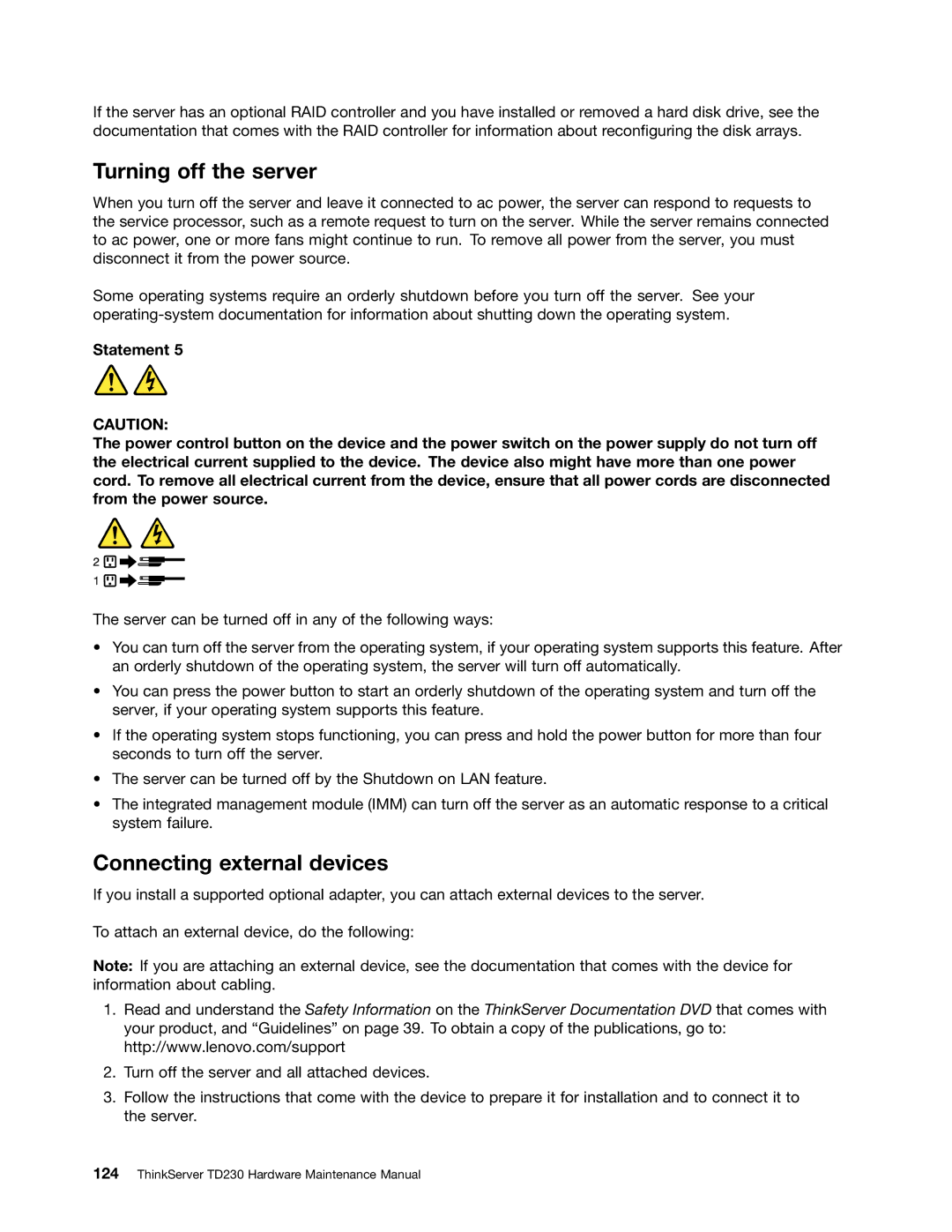 Lenovo TD230 manual Turning off the server, Connecting external devices 